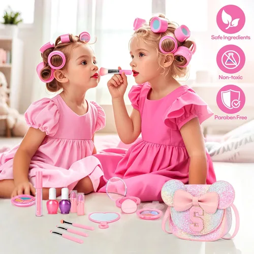 Miniatura 2 de Kit de maquillaje para niñas – Juego de maquillaje lavable real de 15 piezas – Cosmético no tóxico para niños pequeños con bolso de letras – Regalos