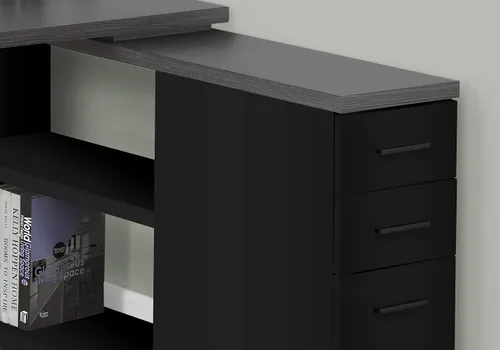 Miniatura 4 de Monarch Specialties Escritorio esquinero de estilo contemporáneo con estantes y cajones abiertos, 48 pulgadas de largo, parte superior negra y gris