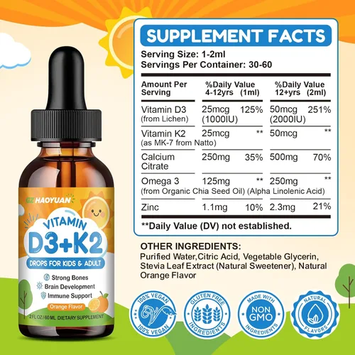 Miniatura 2 de Gotas de vitamina D3 K2 para niños, suplemento líquido con calcio, Omega 3, zinc, vitamina D3 K2 para absorción de calcio huesos saludables