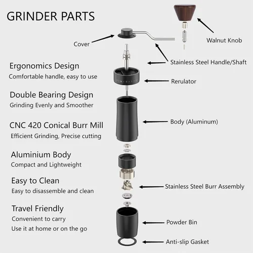 Miniatura 4 de Molinillo de café manual, molinillo de grano de café manual con rebabas de acero inoxidable de 6 estrellas para expreso, moka, vertido, prensa