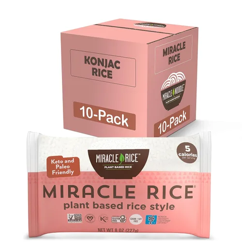 Miracle Noodle Miracle Rice, 8 onzas (paquete de 10), arroz Shirataki Konjac a base de plantas, 5 calorías, 0.04 oz de carbohidratos netos por