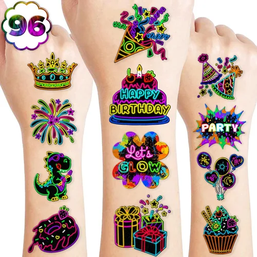 96 tatuajes temporales de neón precortados para recuerdos de fiesta de cumpleaños de niños | Super Cute Glow In The Dark Themed Supplies Decorations