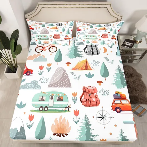 Miniatura 2 de Juego de sábanas de camping Happy Camping para niños Queen 4 piezas, juego de ropa de cama de autocaravana, juego de sábanas de accesorios de coche