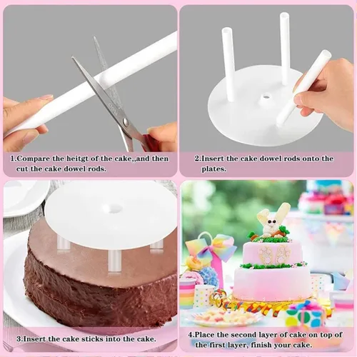 Miniatura 4 de Smiley - Juego de varillas de plástico para tartas, 12 varillas de plástico blanco para pasteles, 12 piezas apilables transparentes y 4 platos
