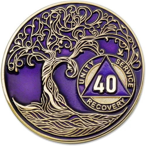Miniatura 209 de 20 Year Sobriety Mint Twisted Tree of Life - Medallón de recuperación AA chapado en oro, fichas y fichas, color negro