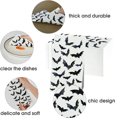 Miniatura 6 de Horaldaily 100 servilletas decorativas de papel desechables de Halloween, toalla de mano de cuervos murciélagos para fiesta, almuerzo, cena, cocina
