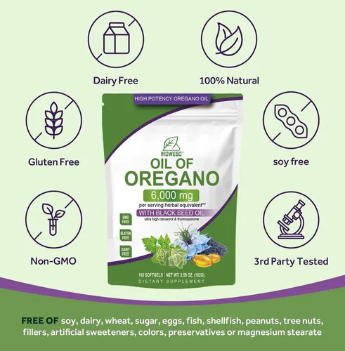 Miniatura 5 de Cápsulas blandas de aceite de orégano con aceite de semilla negra, cápsulas de aceite de orégano de alta potencia de 6000 mg para apoyo
