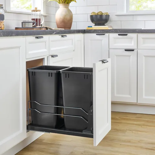 Miniatura 9 de Rev-A-Shelf - Cubo de basura extraíble doble para gabinetes de cocina base, 27 cuartos de galón, 12.5 galones con deslizadores de cierre suave, Gris