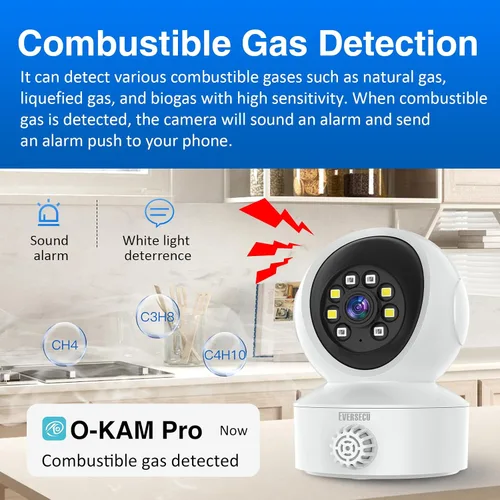Miniatura 4 de EVERSECU Cámara de seguridad para el hogar con detección de humo y gas con alarma de sonido y alerta en tiempo real, seguimiento automático