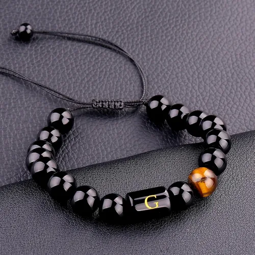 Miniatura 39 de SUMMER LOVE Regalos para el Día del Padre, pulsera con inicial de piedra de ónix negro de 0.394 pulgadas para hombres, pulsera de cuerda trenzada