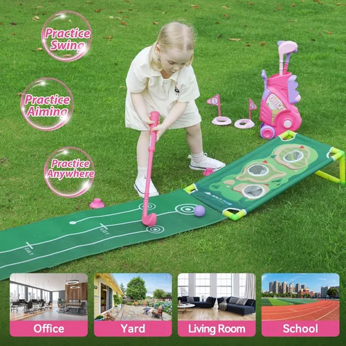 Miniatura 5 de Liberry Juego de golf para niños de 2, 3 y 4 años, carrito de golf mejorado para niños con tabla de golf y tapete de golf, juguetes de golf para Rosa