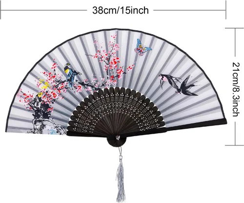 Miniatura 6 de Zonon Paquete de 4 Abanicos Plegables Florales de Mano, Abanicos de Bambú de Seda Sostenidos a Mano con Borla para Mujeres, Abanico Plegable de Mano