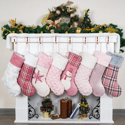 Miniatura 10 de GEX Medias de Navidad Paquete de 6 para Familia 20" Grandes Lentejuelas Doradas de Seda con Suave Piel Sintética Bordada Decoraciones Clásicas