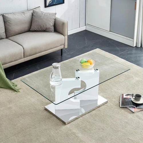 Miniatura 3 de TesNus Mesa de centro rectangular de cristal, mesa de centro moderna de vidrio templado transparente para sala de estar, base lineal blanca