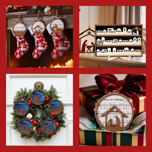 Miniatura 8 de Paquete de 5 adornos de natividad de partitura musical de madera a granel, adorno de escena católica de Navidad, recuerdo cristiano, decoración