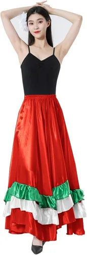 Miniatura 15 de Falda larga de baile para adultos, color negro, rojo, verde, falda folklórica para disfraz de Halloween flamenco mexicano
