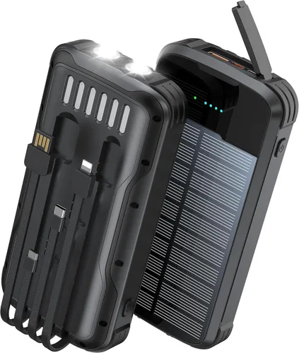 Cargador Solar Power Bank, PD 20W Carga Rápida Batería Externa, 40000mAh Cargador de Teléfono Portátil con 4 Cables Integrados con Linternas