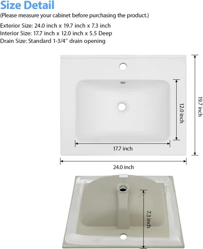 Miniatura 3 de Lordear Fregadero de baño blanco con un agujero de 24 x 20 pulgadas, un agujero, porcelana, cerámica, lavabo para lavabo de baño de 24 pulgadas