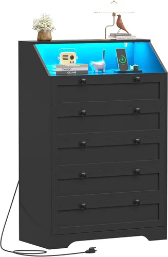 Miniatura 22 de Wodeer - Cómoda moderna, 6 cajones, negro, asas de metal, almacenamiento de clóset, organizador