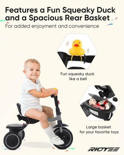 Miniatura 3 de RIDYEE Triciclo para niños pequeños de 18 meses a 5 años con mango de empuje extraíble, triciclos para niños de 3 a 5 años, ideal para familias