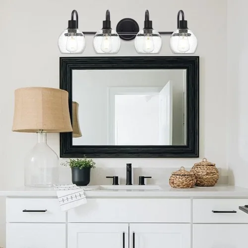 Miniatura 5 de 4 luces contemporáneas para iluminación de baño sobre espejo con pantallas de vidrio esmerilado en forma de semilla, iluminación de pared rústica