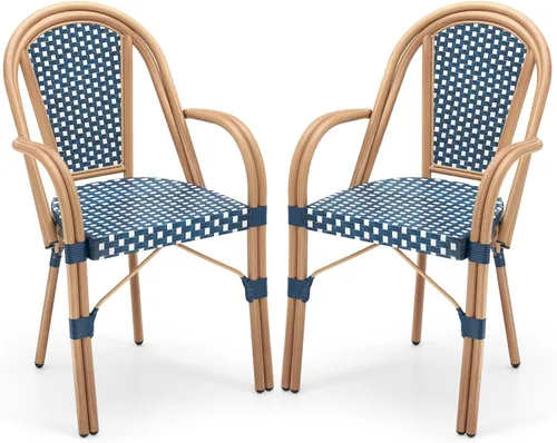 Miniatura 10 de Tangkula Juego de 2 sillas de bistró francesas para exteriores, sillas de mimbre de polietileno tejidas a mano con reposabrazos, sillones de comedor