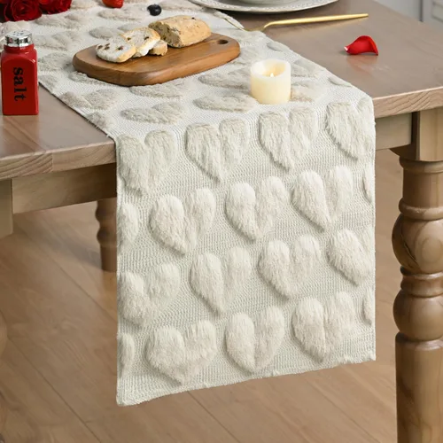 Artoid Mode Camino de mesa de San Valentín de piel sintética jacquard de felpa suave color beige, decoración de mesa de comedor para decoración de