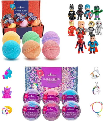 Bombas de baño para niños con superhéroe sorpresa y juguete de unicornio en el interior, 6 bombas de baño de burbujas, aromas afrutados, aromas