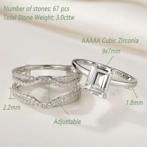 Miniatura 5 de Wuziwen Anillo de novia realzador de 2 quilates para anillos de compromiso para mujer, diseño de corazón de princesa, esmeralda ovalada, plata