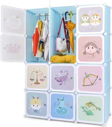 Miniatura 11 de INFANS Armario para niños, armario portátil para bebé, lindo para dormitorio de niños, armario de guardería con puertas, 12 cubos, 2 secciones