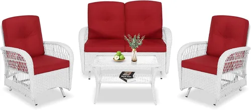 Miniatura 67 de VIVIJASON Silla mecedora de mimbre para exteriores, 2 piezas, sillas mecedoras de ratán para patio con cojines y marco de acero, muebles de mimbre