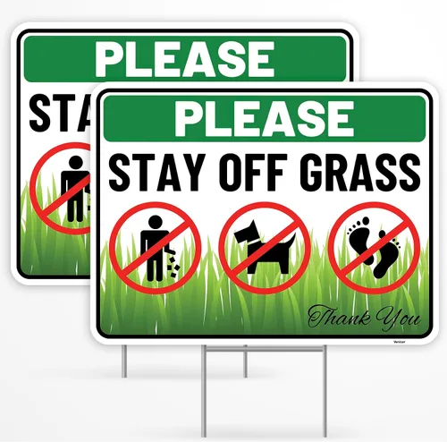 2 carteles con estaca, 12 x 9 pulgadas, plástico corrugado, con texto en inglés "Keep Off Dont Walk on Grass - No Dog Pooping Peeing Curb Your Dog