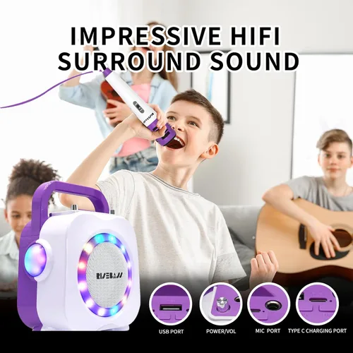 Miniatura 3 de Máquina de karaoke para niños, altavoz Bluetooth con 2 micrófonos, máquina de karaoke portátil para niños para niñas y niños, regalo de cumpleaños