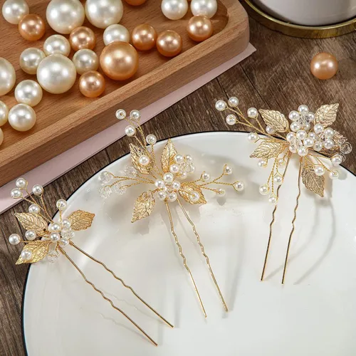 Miniatura 2 de 3 pinzas para el cabello de hoja dorada y perlas de cristal blancas para niñas y mujeres, damas de honor y niñas de flores, pinzas para el cabello