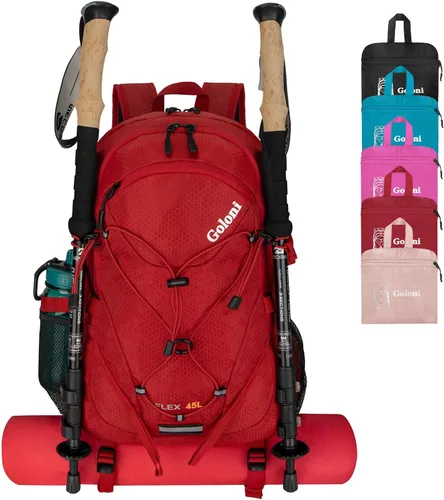 Mochila de senderismo de 45 L con cubierta para lluvia, mochila de campamento plegable ligera para senderismo, resistente al agua con poste de Rojo