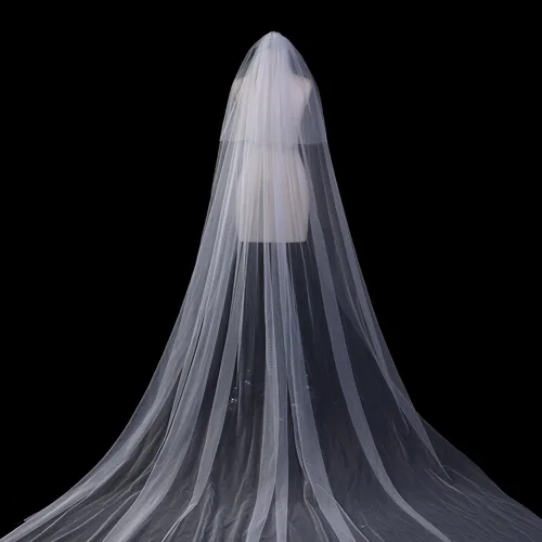 Miniatura 2 de Kercisbeauty 3M 2T suave tul transparente catedral boda velo de encaje doble capa gota con peine para novia vestido de pelo marfil