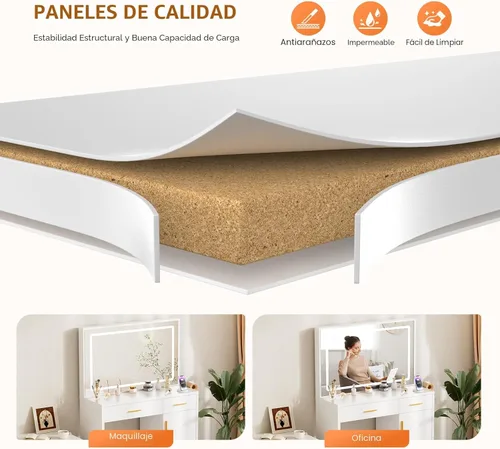 Miniatura 7 de Sweetcrispy Escritorio de tocador con espejo LED de 35.4" y luces, mesa de maquillaje con estación de carga (2AC/USB/C), 2 cajones y gabinete