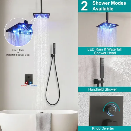Miniatura 3 de SKOWLL Sistema de ducha de montaje en techo, cabezal de ducha LED de 10 pulgadas con mano, sistema de ducha de baño de lluvia de alta presión, juego