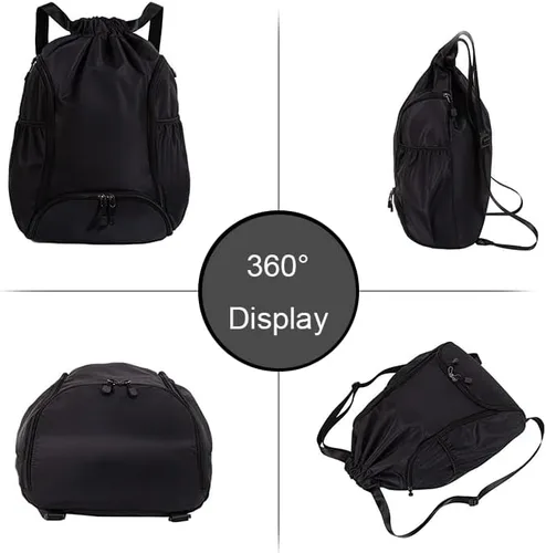 Miniatura 6 de Mochila deportiva con cordón, bolsa de gimnasio impermeable para mujeres y hombres, paquete de baloncesto con compartimento para zapatos, Negro