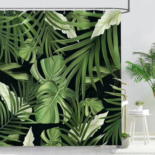 Bonhause Cortina de ducha con hojas tropicales, diseño de naturaleza selva, hoja de palmera verde oscuro, planta Monstera, cortina de baño de 72 x
