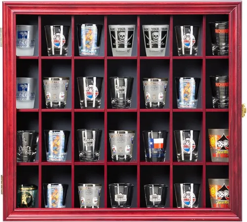 Miniatura 9 de Vitrina para Vasos de Chupito, Gabinete Grande de Madera, Soporte Montado en Pared, Caja de Sombra de Caoba con Cerradura y Protección UV, Puerta