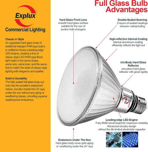 Miniatura 3 de Explux LED PAR38 de grado comercial, equivalente a 120 W, 1500 lúmenes, 40000 horas, bombillas clásicas de vidrio completo, regulables, impermeables