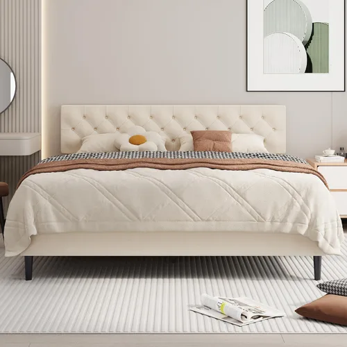 BarnFurin Base de cama tamaño King, plataforma tapizada con cabecera capitoné con botones, marco de cama de tela con soporte de listones de madera,
