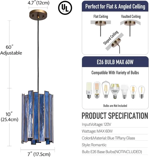 Miniatura 8 de Tiffany - Lámpara colgante cilíndrica de latón de 7 pulgadas con vitrales para vestíbulo, entrada, dormitorio, comedor, escalera (azul profundo)