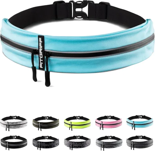 Cinturón de correr Fitgriff® para hombres y mujeres - Bolso de jogging seguro para teléfono, llaves y elementos esenciales - Para todos los Cian