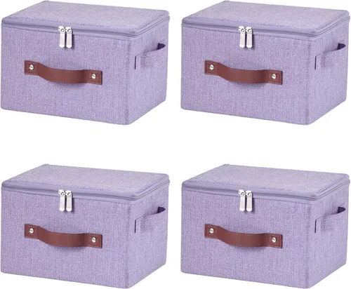 Miniatura 69 de Contenedores de almacenamiento con tapa con cremallera, de tela de lino y algodón, plegables, lavables, para armario, estantes, organizador de ropa