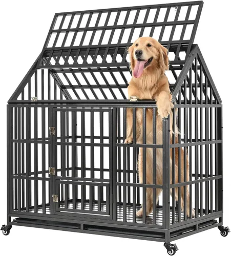 Miniatura 2 de Jaula grande para perros, jaula de hierro galvanizado resistente de 47 pulgadas para perros, muebles con puerta delantera, puerta superior y 4