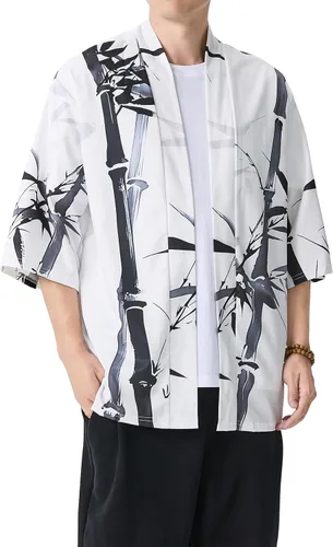 Miniatura 5 de PRIJOUHE Chaqueta Kimono Ligera para Hombre de Manga Tres Cuartos con Frente Abierto Cárdigan Estilo Japonés