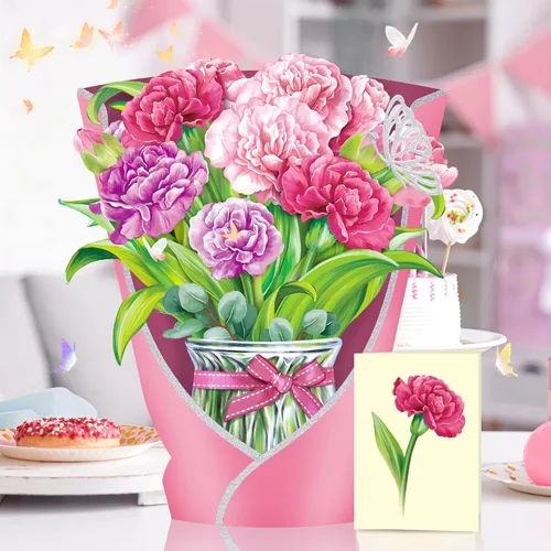 Miniatura 3 de Airpark - Tarjeta desplegable de flores 3D, tarjeta de felicitación – Claveles rosas – Para mamá, abuela – Ideal para el Día de la Madre