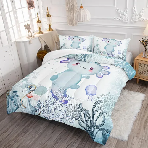 Miniatura 2 de AILONEN Lindo juego de edredón de ajolote tamaño Queen, 3 piezas para niños y niñas, ropa de cama en una bolsa, ropa de cama costera azul turquesa